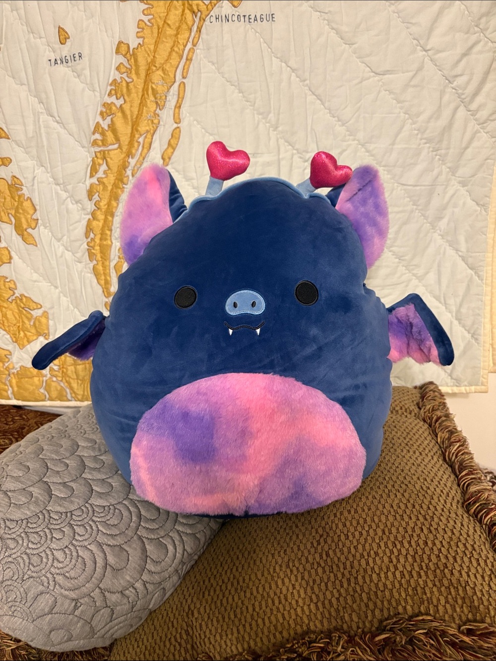 Squishmallows Navy Bat Pillow with Pink & Purple Gradient Belly